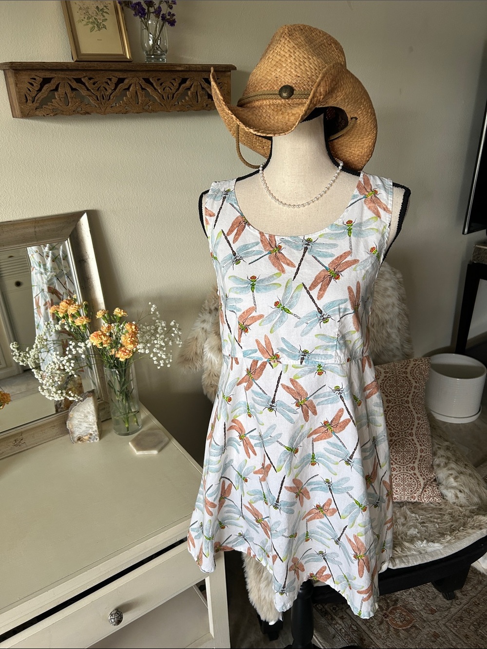 Tom tom white novelty, dragonfly, print, cotton, outdoor mini dress XS